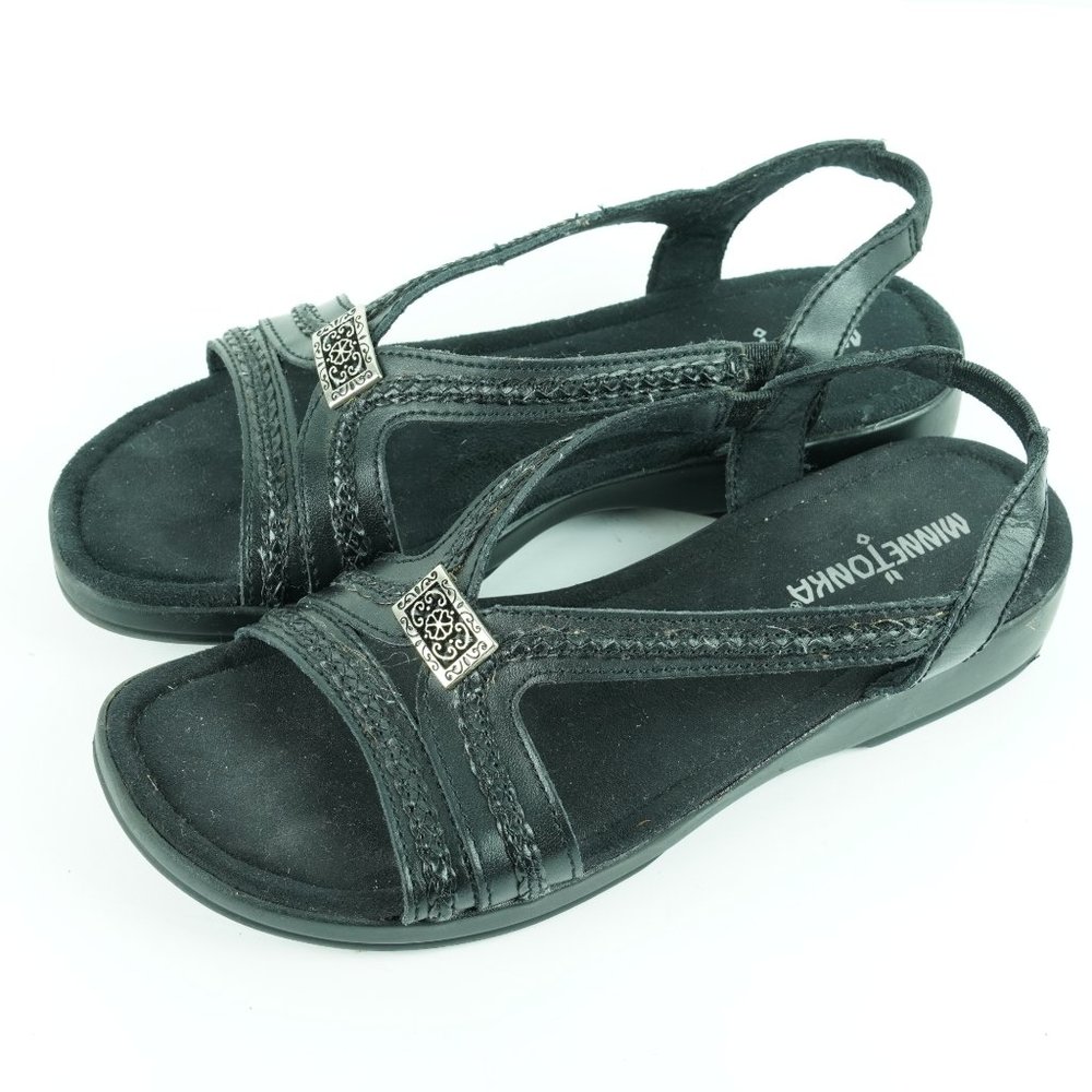Minnetonka Black Leather Slingback Sandals 7 Shoes